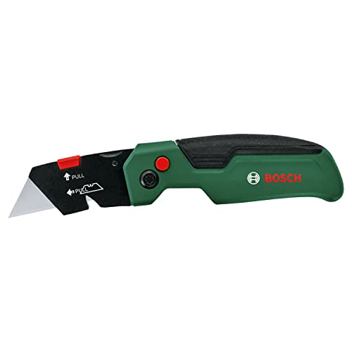 Bosch Klappmesser (kompaktes robustes Klappmesser für Heimwerker; Edelstahl; einhändiges Öffnen; schneller Klingenwechsel; Gürtelclip; Klingenaufbewahrung; mit 3 SK5-Stahlklingen)