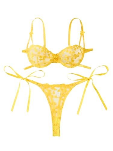 Image of Lilosy Sexy Tie Side Cute Underwire Push Up Strappy Embroidered Mesh Sheer Lingerie Set