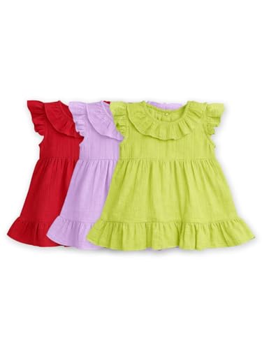 Image of Kidbea Baby Girl Cotton Summer Casual Short Ruffled Sleeve & Hem Soft Breathable Fabric Frocks Sundress Princess Dress for Kids