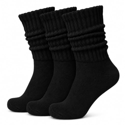 Image of 3 Pairs Slouch Socks for Women & Men, Ribbed Scrunch Crew Socks | 3-pair cotton-rich ribbed slouch socks for women and men, thick scrunch crew socks for boots, sneakers and lounging.