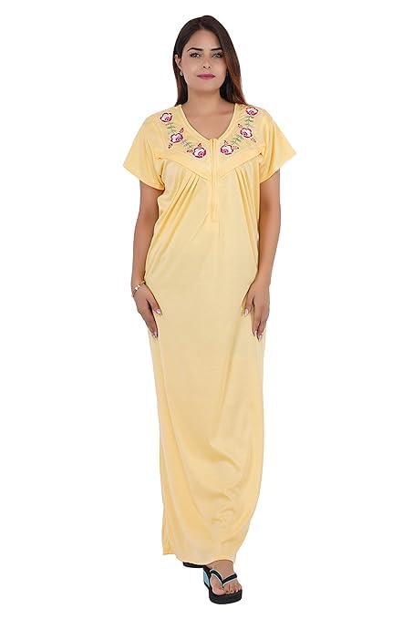 Image of Onekbhalo Women's- Full Sleeves-Feeding- Nursing- Maternity Nighty /Maxi /Gown /Nightdress /Nightwear- Hosiery Cotton Fabric- Floral Print- Embroidery with Zip
