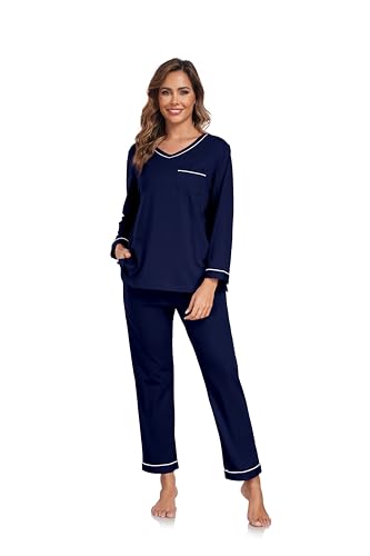 Image of COLORFULLEAF 100% Cotton Pajama Set for Women Long Sleeve Sleepwear with Pants Soft Comfy Two-Piece Pjs with Pockets