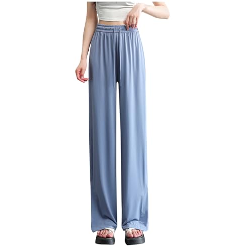 Womens Summer Ice Silk Pants Drawstring High Waist Wide Leg Casual Trouser Loose Lightweight Sweatpants with Pockets(Blue,X-Large)