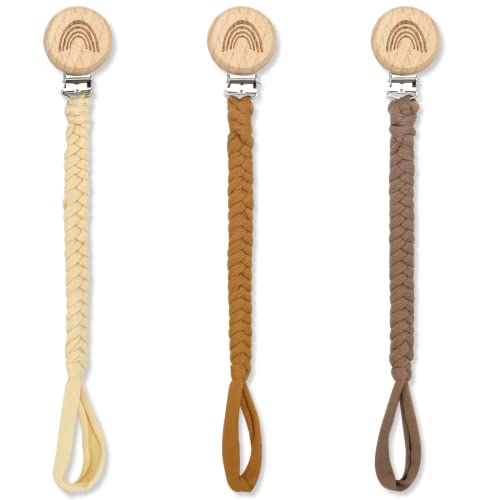 Image of Pacifier Clip for Baby Girls and Boys, Braided Baby Pacifier Clips, Boho Rainbow Pacifier Holder Handmade Pacifier Strap Wooden Paci Clip Toy Straps Neutral Pacifier Clips 3 Pack