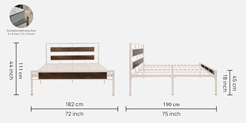 Image of Zeek Metal King Size Bed Without Storage | Wrought Iron Double Bed with Headboard & Footboard | Sturdy Powder Coated Platform Bed King Size Cot for BedroomLivingRoom Ivory (75x72)
