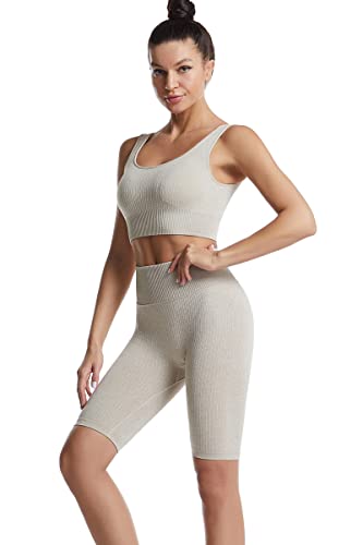 BaronHong Conjunto de 2 peças de shorts de cintura alta e sutiã esportivo com nervuras sem costura,