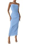 PRETTYGARDEN Women's Summer Maxi Bodycon Dresses Strapless Tube Top Printed Long Party Club Slit Dress (Solid Light Blue,Medium)