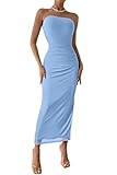 PRETTYGARDEN Women's Summer Maxi Bodycon Dresses Strapless Tube Top Printed Long Party Club Slit Dress (Solid Light Blue,Small)