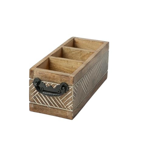 Image of Ikari Homes Wooden Cutlery Holder With Antique Carving Geometric Pattern I Cutlery Stand For Spoon /Fork /Tissues I Premium Cutlery Stand For Dining Table I 10 In X 4 In X 4 In With Handles, Brown