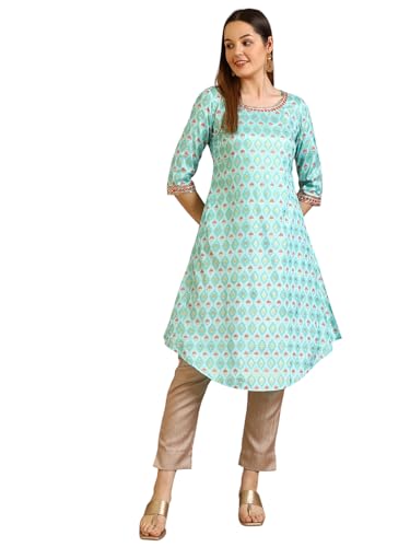 Image of Aurelia Women's Blue Floral Printed Shantung A-line Kurta