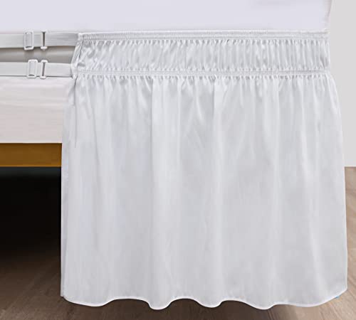 Biscaynebay Wrap Around Bed Skirts With Split Corners For Queen Beds 15" Drop, White Elastic Dust Ruffles Easy Fit Wrinkle & Fade Resistant Silky Luxurious Fabric Solid Machine Washable #TOP2