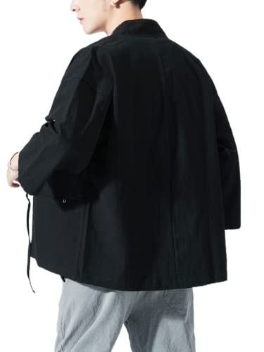 Image of Men's Japanese Kimono Cardigan Loose Cotton Linen 3 /4 Sleeve Open Front Casual Summer Shirt Jackets