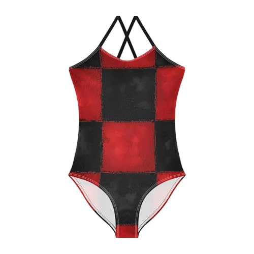 senya Girls Swimsuits Dark Red-Black Checker One-Piece Swimwear Quick Dry Girls Bathing Suits for 3 Years Old