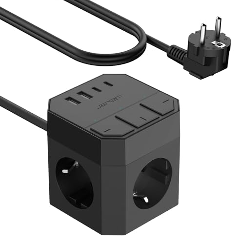 JSVER Regleta Enchufe USB C, Cubo Regleta de 3 Tomas con 3 Interruptor Individualcon,...