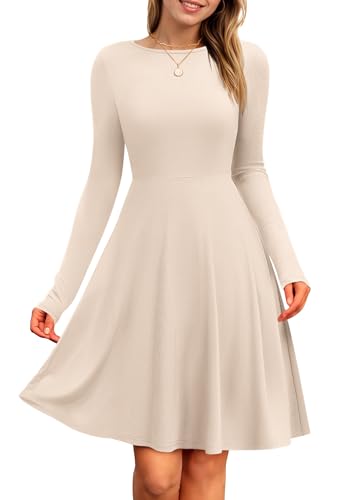 PLOKNRD Damen Strickkleid Herbst Langarm Kleider Elegant A-Linie Rundhalsausschnitt Freizeitkleid Winterkleid (Beige,M)