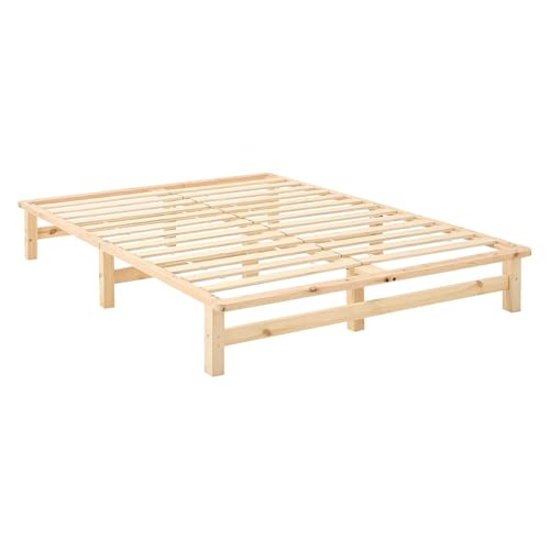 Homestyle4u Holzbett Palettenbett 140x200 mit Lattenrost Futonbett 140x200 Bettgestell Kiefer Massiv Natur Unbehandelt