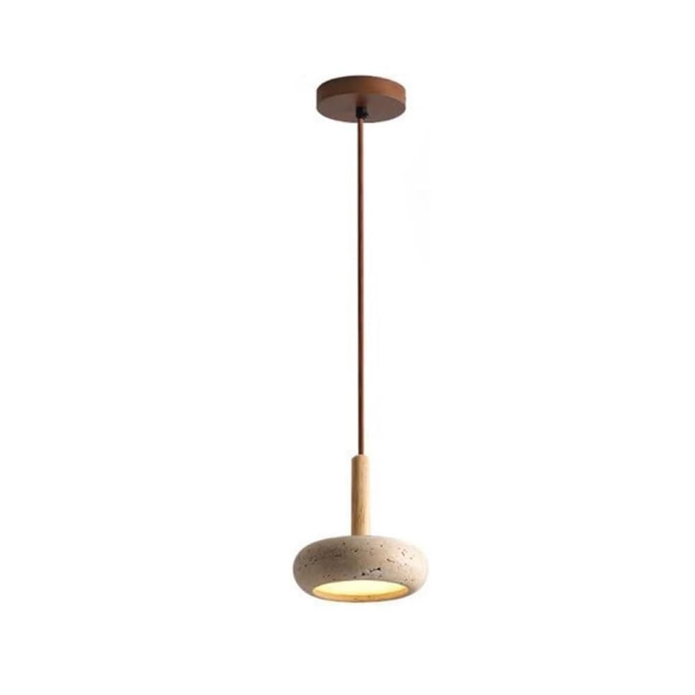LYMSXAZOU Japanese Dome Yellow Travertine Pendant Light Modern Minimalist Wood Accent Fixture Adjustable Height Hanging Lamp for Bedroom Kitchen Island Dining Room
