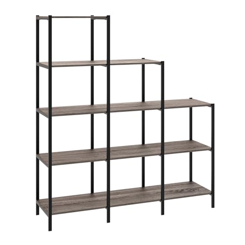 ClosetMaid Ladder Step Bookcase 5 Tier 7 Shelves Display Shelf for Living Room or Office Industrial Black Metal and Wood Weathered Gray