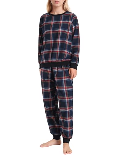 Pintage Women's Petite Flannel Jogger Pajama Set Long Sleeve Sleepwear M Navy Red Plaid