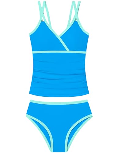 Image of Girls Swimsuit 2 Piece Bathing Suit Criss Cross Ruched Girl Tankini Sets Printed Girls' Swimwear for 9-18 Years