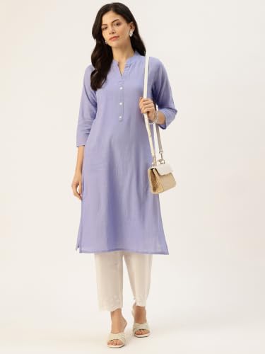 Image of feranoid Women's Plain Cotton Kurta with Mandarin Collar, 3 /4 Sleeves & Pocket
