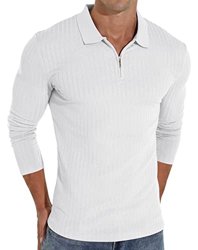 Sailwind Polos à manches longues pour hommes avec fermeture éclair - Coupe ajustée - Chemises décontractées en tricot côtelé extensible avec zip, blanc,...