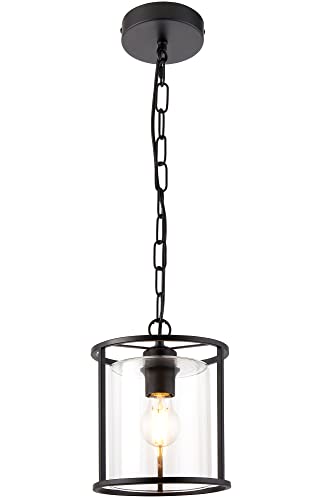 National Lighting Pendant Light - Cylindrical Shape Single Lamp Fitting in Matt Black & Clear Glass Finish - Height Adjustable Ceiling Light for Bedroom or Living Room - 10W LED E27 (Required)