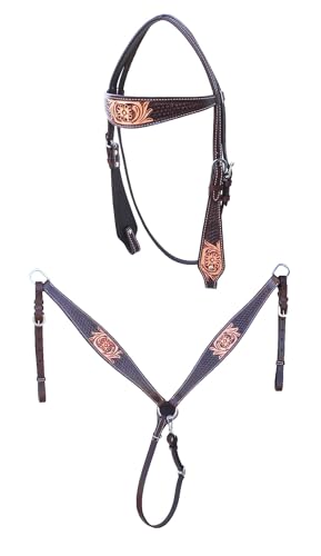 CHALLENGER Horse Western Floral Tooled Browband Bridle & Breast Collar Tack Set 78HR64B