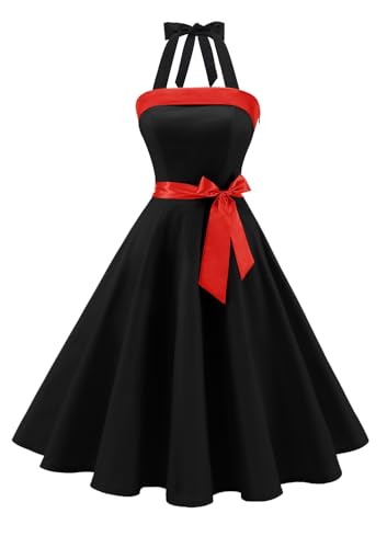 Timormode Damen Vintage Cocktailkleid Knielang Neckholder Swing Retro Rockabilly Kleid L Schwarz