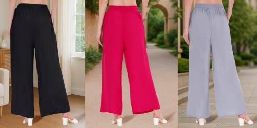 Image of Buy That Trendz Palazzo Pants for Women Rayon Elasticated Regular Fit Flared Wide Leg M to 6XL Pack of 3