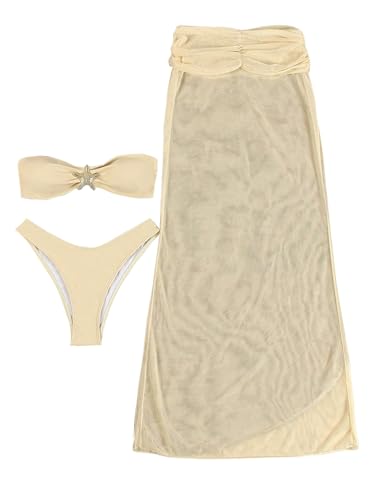 GORGLITTER Women's Strapless Bikini Star Decor Bandeau Swimsuits with Mesh Ruched Beach Cover Up Skirt Bathing Suit
