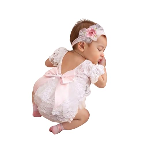 Image of Newborn Girl Photography Outfits, Backless Lace Romper with Flower Headband Photo Props, Baby Girl Photoshoot Outfits