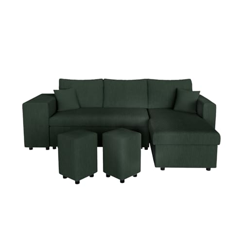 LOUNGITUDE Canapé d'angle réversible Convertible Oslo avec Coffre et 2 poufs en Velours côtelé