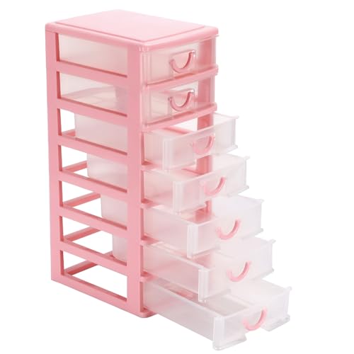 Mini organiseur en plastique à 7 tiroirs transparents rose Rempry pour bureau