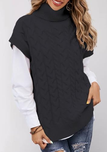 Women's Turtleneck Sweater High Neck Cap Sleeve Sweaters Vest Loose Ribbed Knit Pullover Tank Tops3