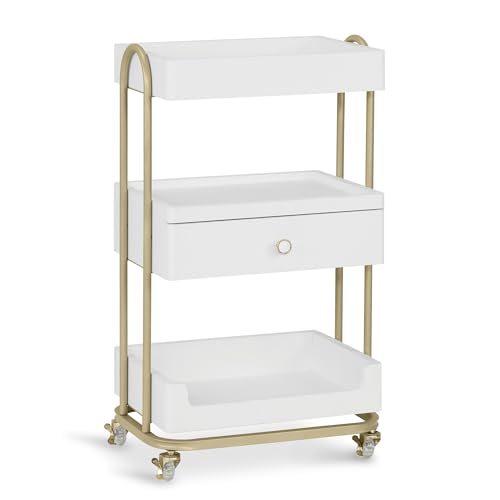 Barberpub Servante à roulettes & tiroir, Coiffeur Blanc-doré, Salon avec 3 étagères, servante Moderne pour Salle de Bain Salon, 37x51x87cm, 0093