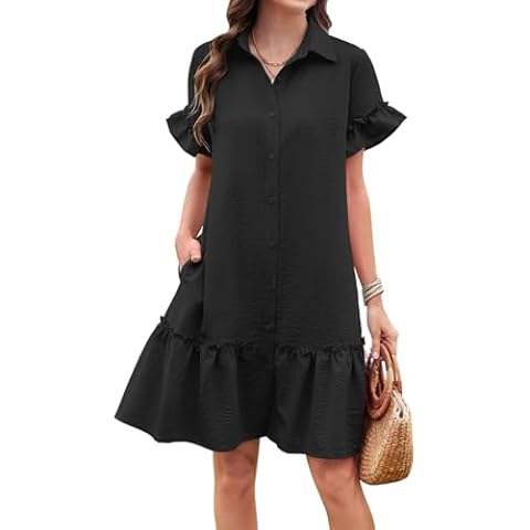 Women's Casual Summer Shirt Dress-Button Down,Short Sleeve,Ruffle Hem,Loose Fit with Pockets Black L Cover