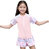 [Matreeglam] 水着 子供 女の子 スカート水着 タンキニ 半袖 キッズ 水泳着 女児 小学生 ジュニア スイムウェア 子供用 速乾素材 紫外線対策 UVカット 夏休み 海 ビーチ 温泉 旅行 プール (JP, 身長, 130, 【短パンタイプ】ピンク)