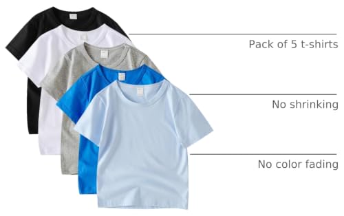 Image of 5 Pack Kids T-Shirt Cotton Tee Shirts for Boys and Girls Toddler Tops | Soft cotton tee for unisex, crew neck, mix with shorts and jeans, basic for everyday wear,suitable for 2-14years