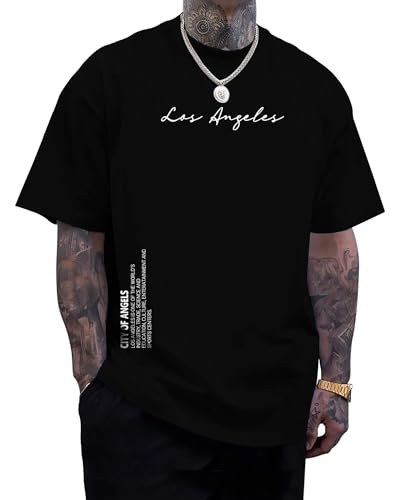 Mens T Shirts Los Angeles Letter Graphic Print Short Sleeve Summer Top 100% Cotton Casual Tees for Men Black