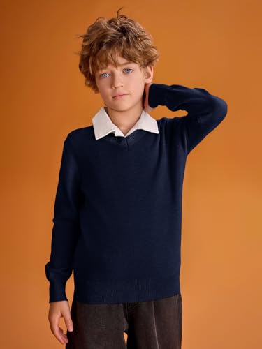 Haloumoning Jungen Pullover V-Ausschnitt Uniform Kinder Langarm Strickpullover Einfarbig Basic Casual Leichte Gestrickte Oberteile, Dunkelblau, 7-8 Jahre