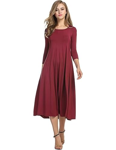 Hotouch Damen Kleider Elegante Midi Tunika Kleid A-Linie 3/4 Ärmel Kleid Rundhals Einfarbig Freizeitkleider Herbst Winter Kleider Weinrot M