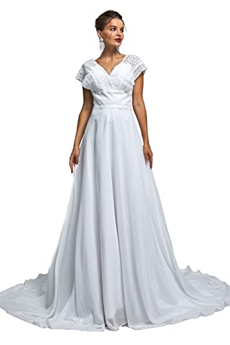 Image of Spaghetti Chiffon Beach Wedding Dress V Neck A line Bridal Gowns Lace Plus Size Wedding Dress