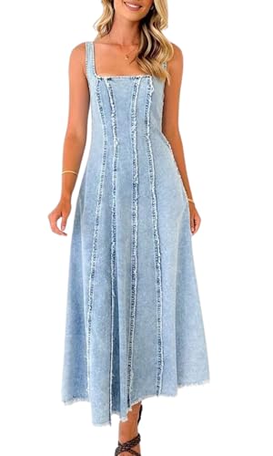 Image of chouyatou Women's Adjustable Spaghetti Strap Maxi Long Denim Dress A-Line Swing Distressed Jean Sun Dress