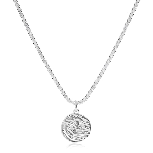 925 Sterling Silver Necklace with Disc Hammered Moon Silver Round Pendant Necklace for Women Trendy