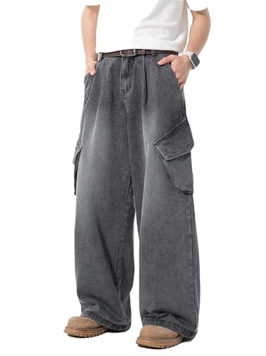 Men's Baggy Cargo Jeans Y2K Wide-Leg Retro Distressed Side Pockets Casual Style Trendy Streetwear Emo Clothes