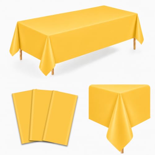 Image of 3 Pack Dark Yellow Plastic Tablecloths, 54 x 108 Inch Disposable Covers | Ideal for Birthdays, Baby Showers, Graduations and Fall Parties, Helping Protect Tabletops from Spills and Simplify Cleanup