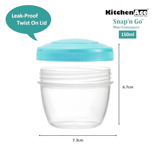 Image of KITCHENACE,Modernise your living Small Plastic Containers 150ml | Ideal for Lunch, Dips, Salad Dressing, Spices, Nuts & Dry Fruits | Airtight, Leakproof, Compact Storage Set of 4 Snap'n Go Assorted