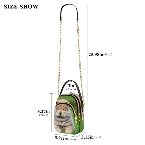 Single Shoulder Handbags Chow Puppy Dog Grass Quilted Chain Wallet Cell Phone Purse Cute Zipper Bowler Tote Ladies Satchel, 5.9" × 8.3" × 3.1"3