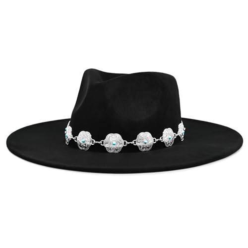 FLUFFY SENSE. Big Wide Brim Felt Rancher Fedora Hat for Women and Men - Boho Western Hat with 4 inches Flat Brim (US, Alpha, Medium, Raven Black)